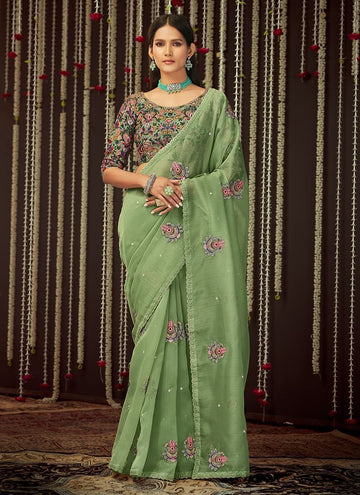 Thread Embroidery Work Designer Light Olive Green Saree